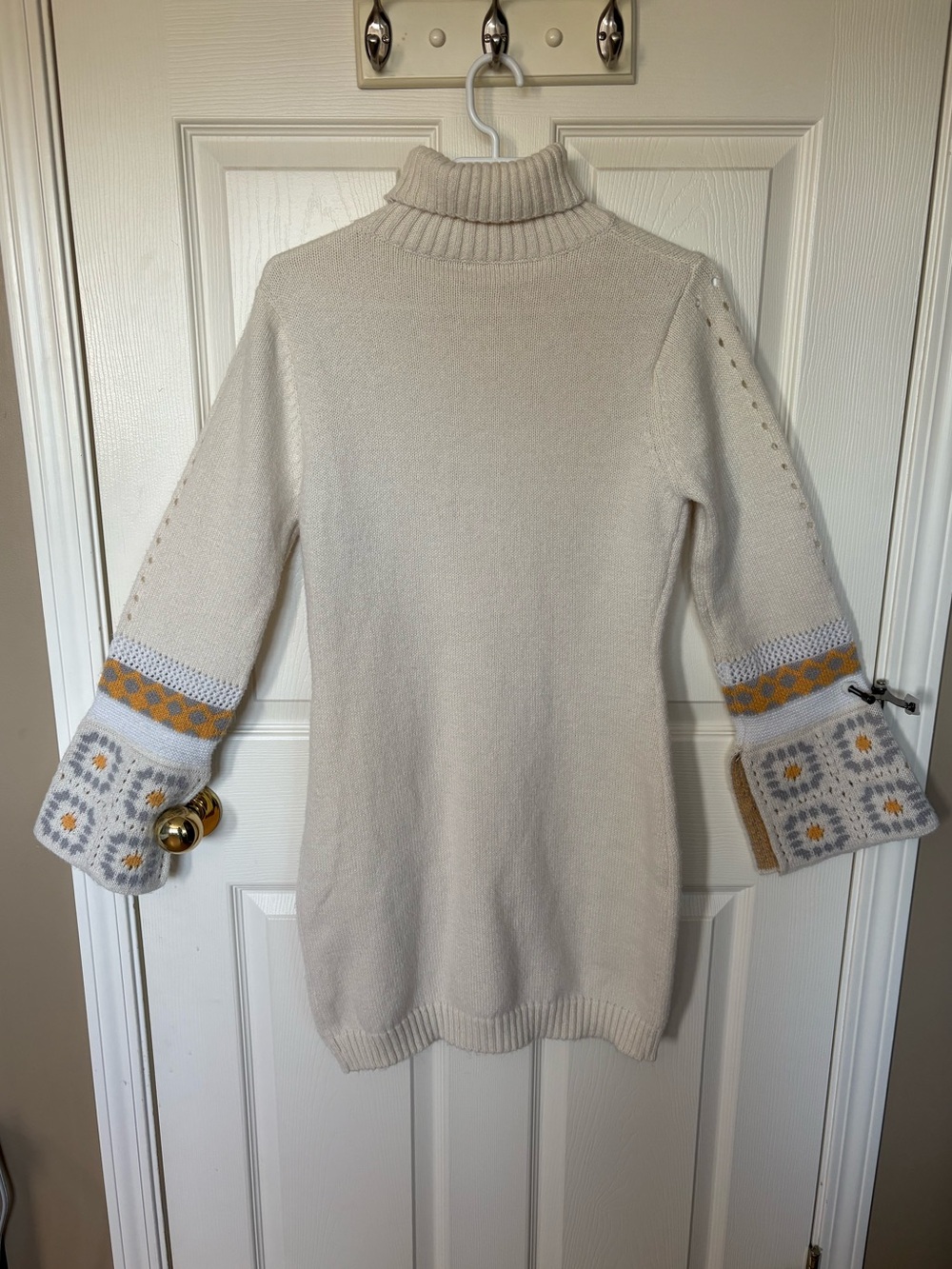 Boho Retro Cottagecore Cream Turtleneck Sweater Dress Bell Sleeve - Picture 3 of 12